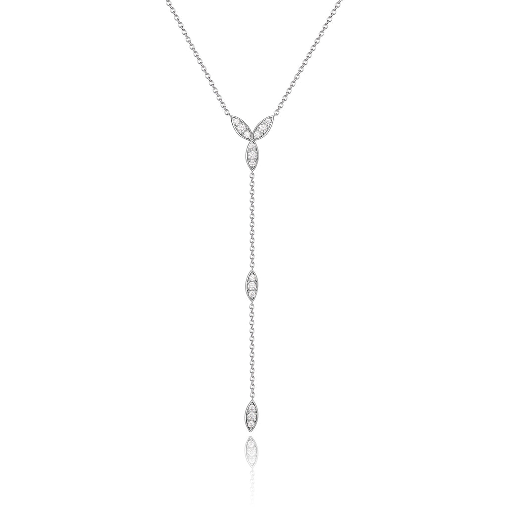 CZ Paved Leaf Y Drop Necklace Lariat Necklace [.925 Sterling Silver]