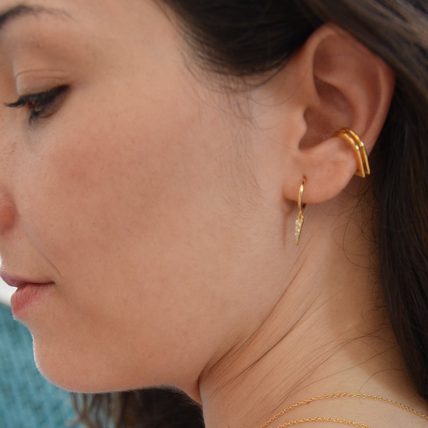 Mini Hoop Earrings - Spike Huggie - [.925 Sterling Silver] Dainty Crystal CZ Drop Pendant