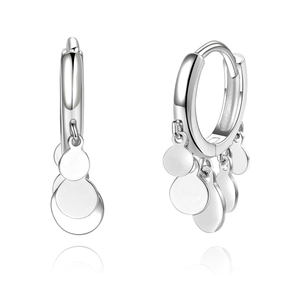Coin Cluster Drop Mini Hoop Earrings [.925 Sterling Silver] - Dangle Disc Charms