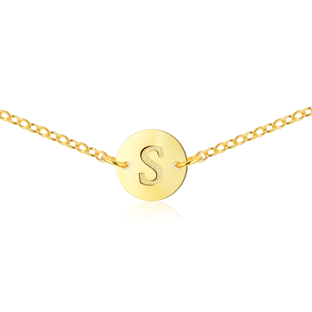 Gold Coin Initial Necklace [ Letter S ] - .925 Sterling Silver [18K Gold Plated] - [14 Inch]