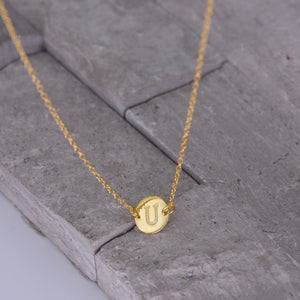 Gold Coin Initial Necklace [ Letter U ] - .925 Sterling [18K Gold Plated] Layer Chain [14 Inch]