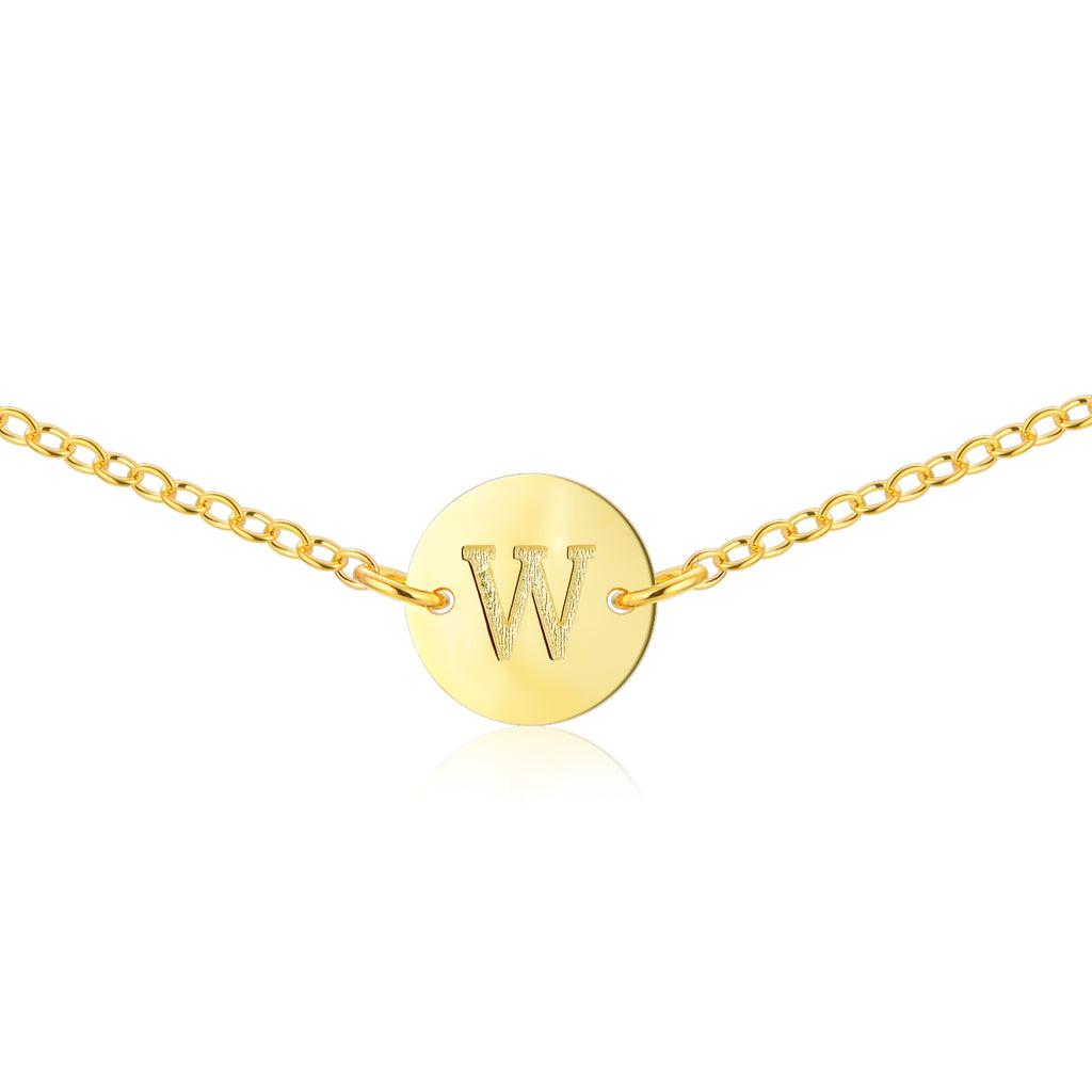Gold Coin Initial Necklace [ Letter W ] - .925 Sterling [18K Gold Plated] Layer Chain [14 Inch]