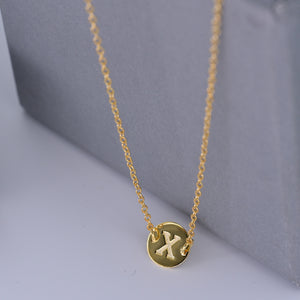 Gold Coin Initial Necklace [ Letter X ] - .925 Silver [18K Gold Plated] Dainty Disc [14 Inch]