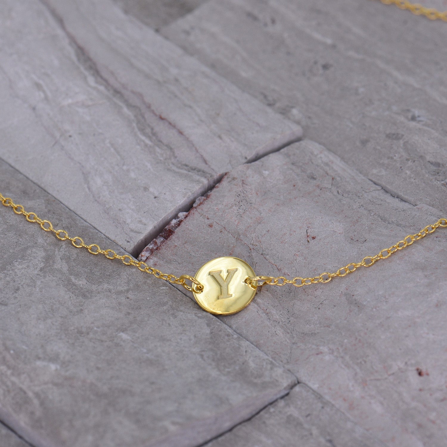 Gold Coin Initial Necklace [ Letter Y ] - .925 Sterling [18K Gold Plated] Layer Chain [14 Inch]