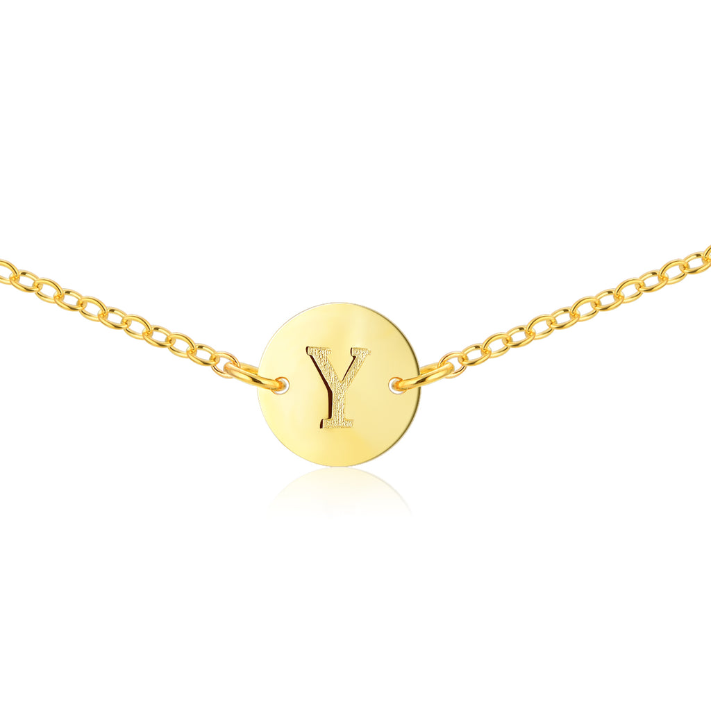 Gold Coin Initial Necklace [ Letter Y ] - .925 Sterling [18K Gold Plated] Layer Chain [14 Inch]